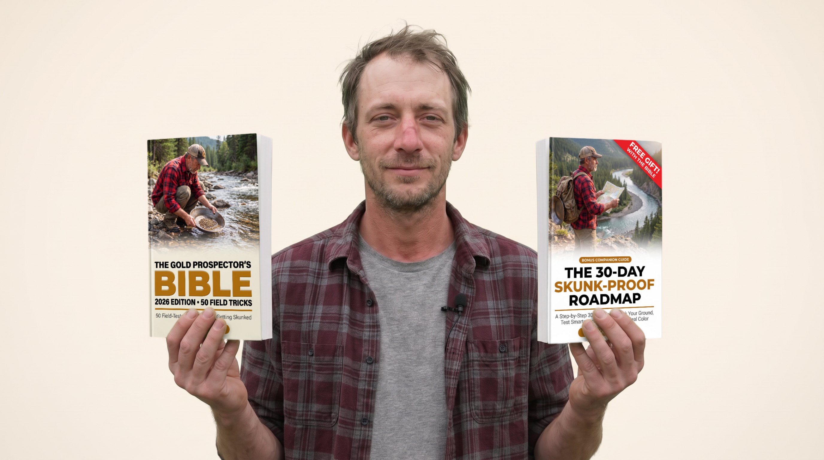Presenter of The Gold Claim channel holding The Gold Prospector's Bible and the 30-Day Skunk-Proof Roadmap